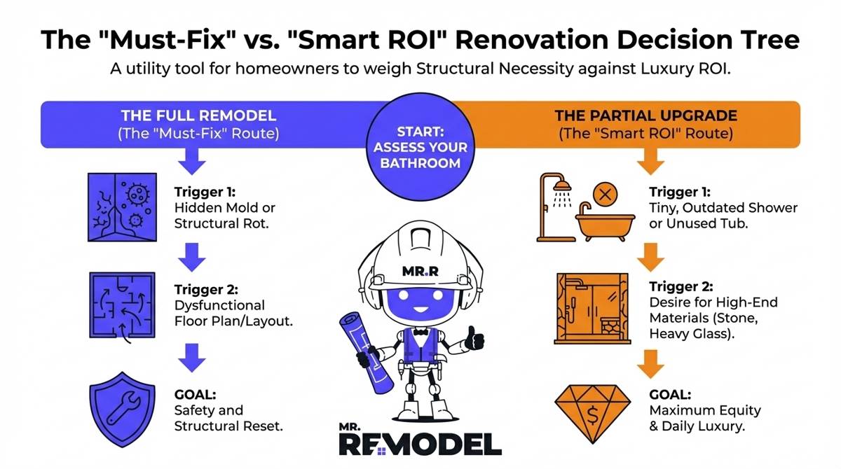 A 2026 bathroom remodeling decision matrix helping homeowners choose between a full or partial remodel based on structural needs, luxury goals, and return on investment.